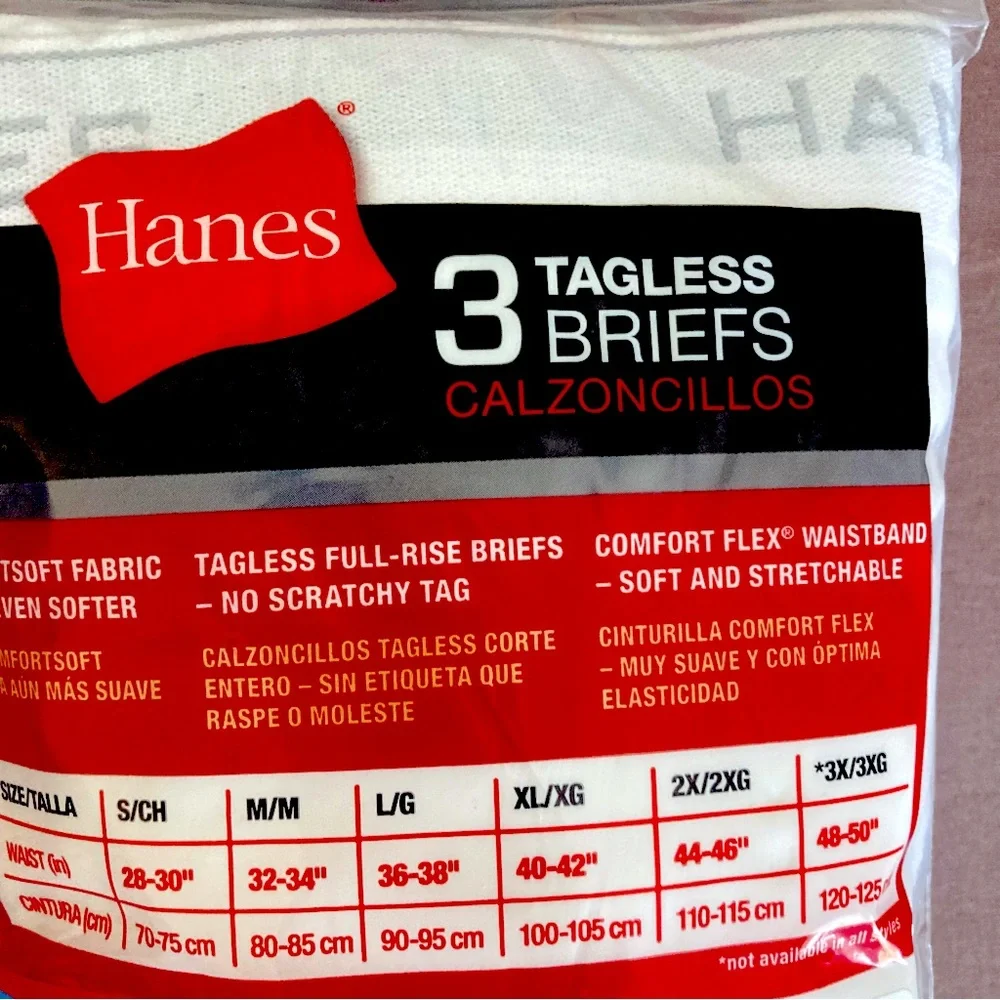 NWT Hanes Men’s Pack of 3 Tagless White Briefs, Large